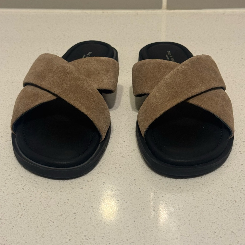 New Rag & Bone Brown Suede Cross Strap Sandals – Women’s Designer Summer Flats - Picture 4 of 12